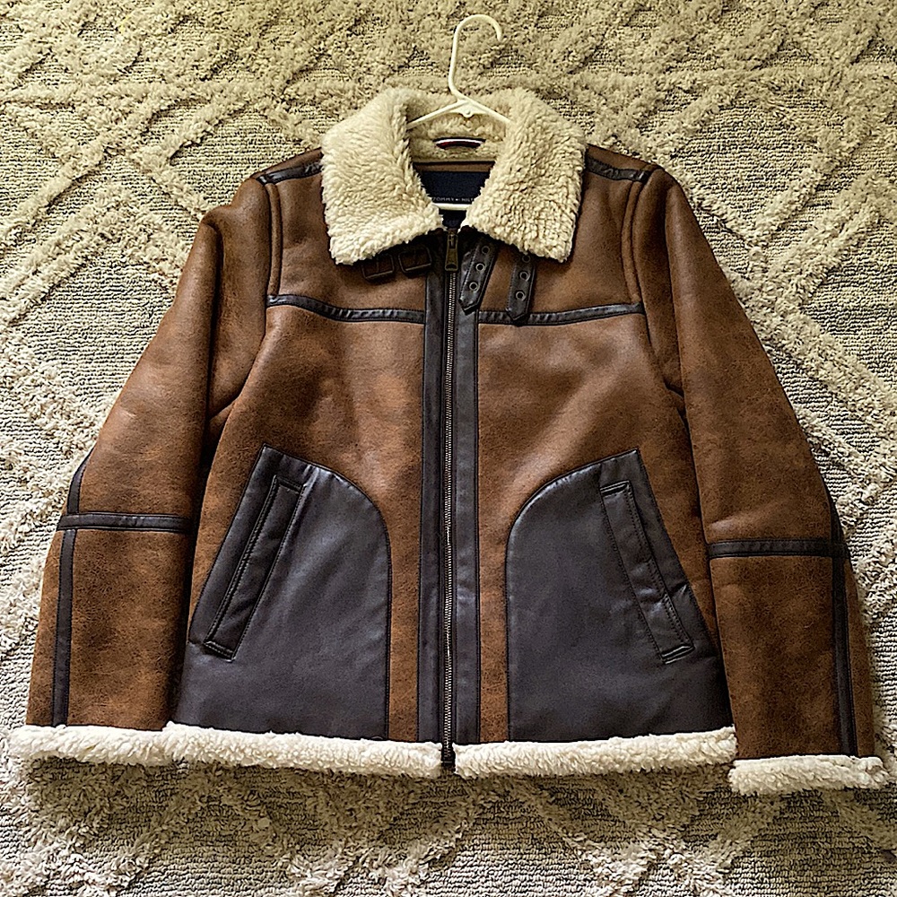New Tommy Hilfiger Men’s Faux Leather Aviator Bomber Jacket